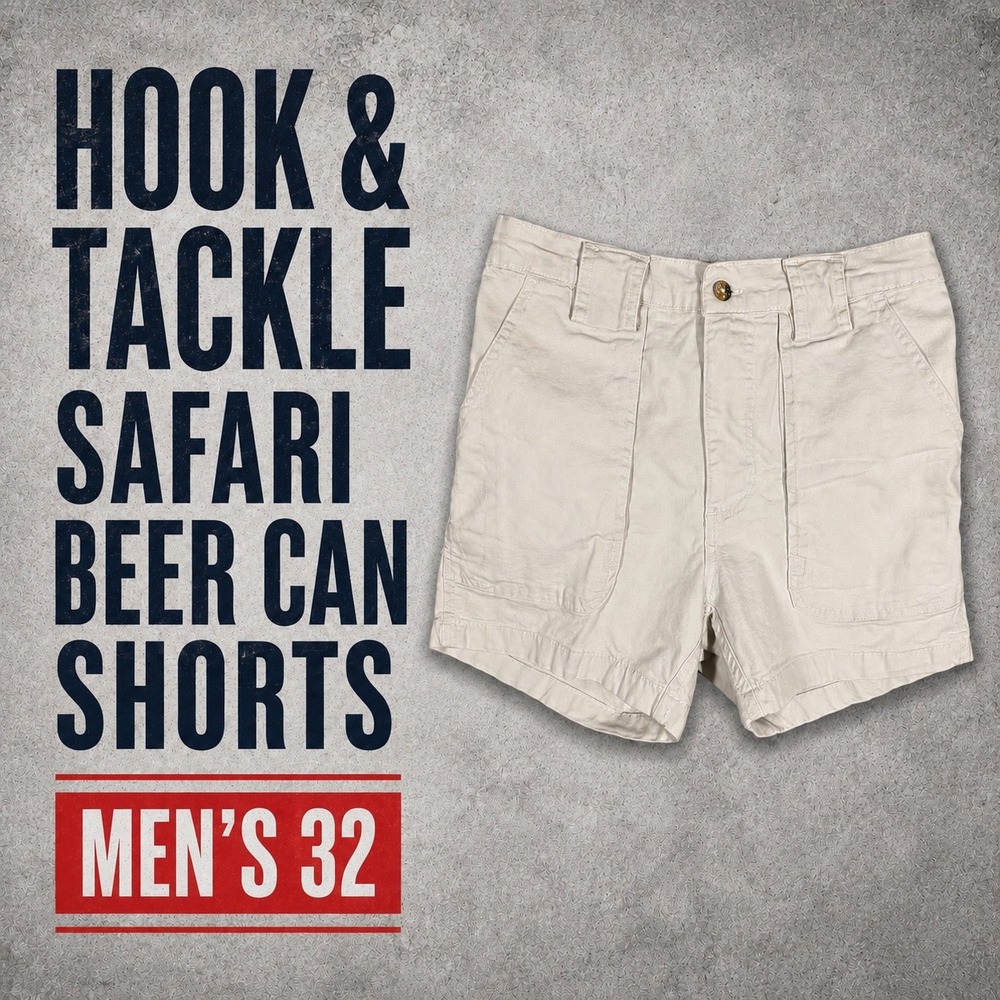 Hook & Tackle Safari Beer Can Shorts Mens 32 Tan Khaki Fishing Utility 4 Inseam